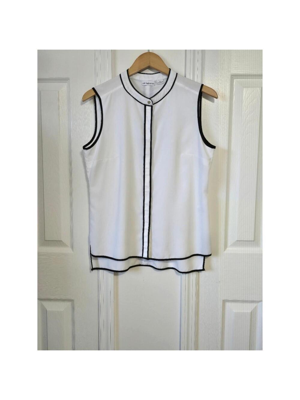 Liz Claiborne Sleeveless Shell Top White Black Trim Mandarin Collar Women Casual